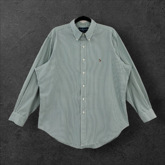 Ralph Lauren Other - Ralph Lauren Shirt Mens 16.5 32/33 Green Striped Long Sl 100% Cotton Flesh Pony